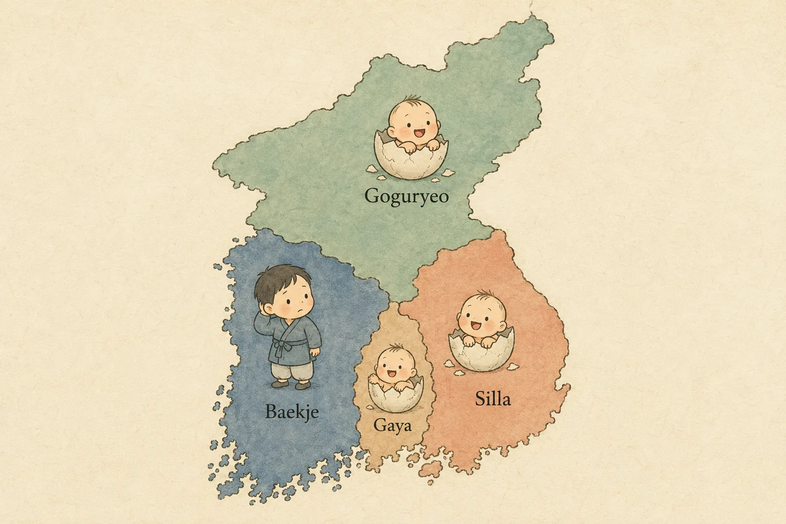 A map of Korea split into Goguryeo, Baekje, Silla, Gaya — babies hatching from eggs in three regions while a child stands eggless in Baekje