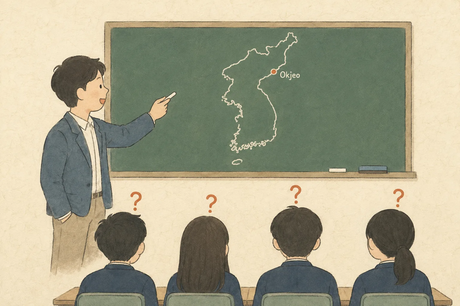 A modern classroom — a teacher pointing at Okjeo marked on a map of Korea, students seen from behind with question marks over their heads