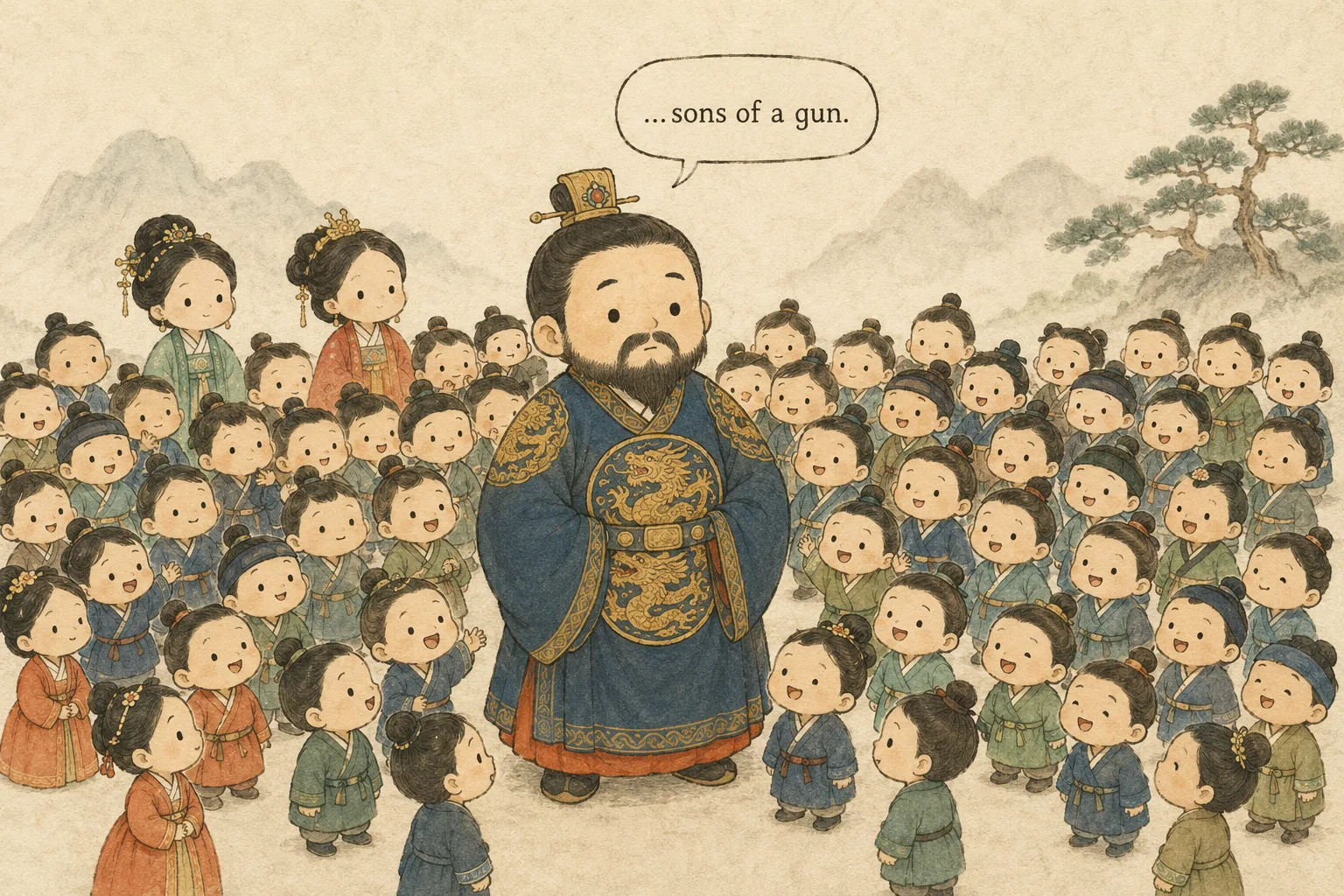 A cute illustration of King Wang Geon surrounded by his many children, mostly sons