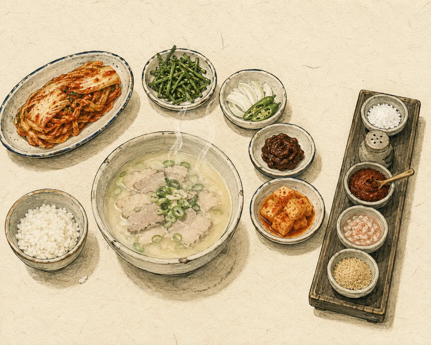 A dwaeji-gukbap table — main bowl, banchan, and a row of condiments